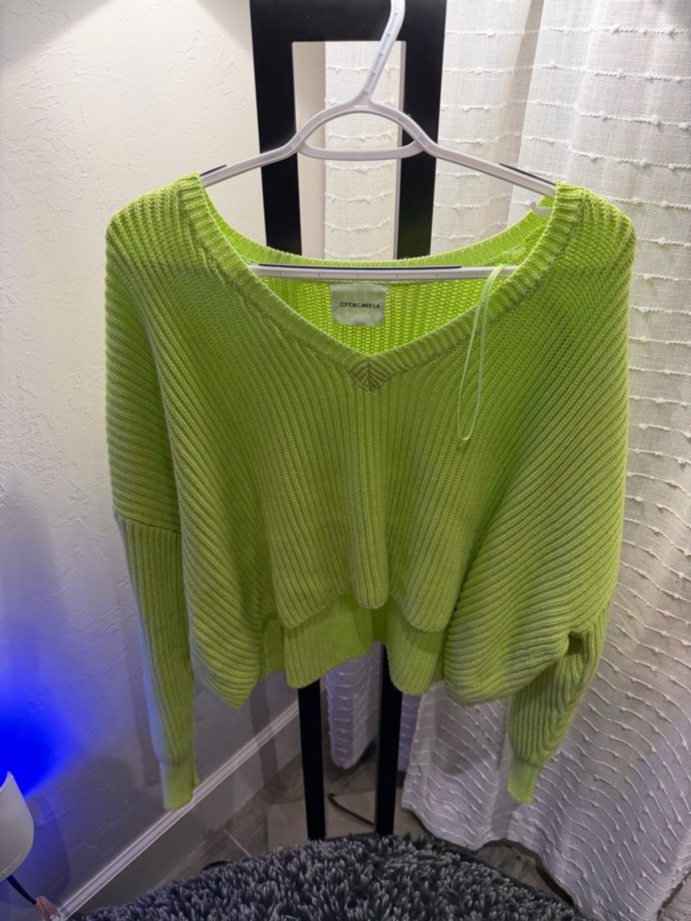 Cotton Candy Lime Green Ribbed V-Neck Sweater